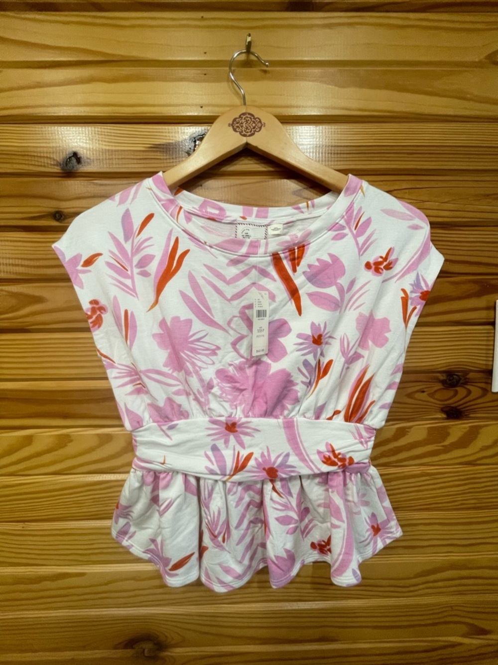 Anthropologie White Top with Pink & Orange Floral Peplum